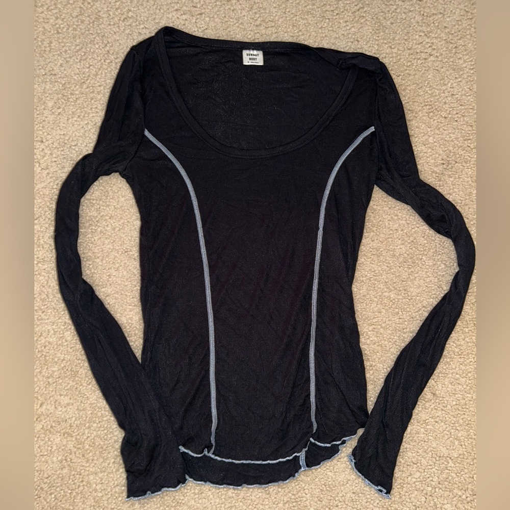 Aritzia Sunday Best Black Long Sleeve Top with Gray Trim